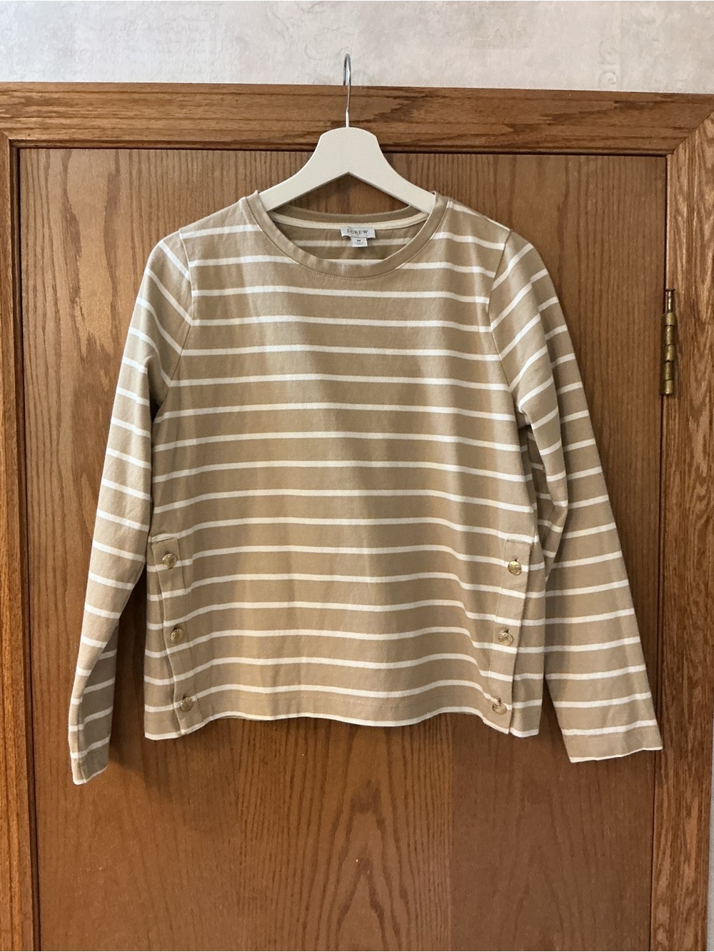 J. Crew Women’s Tan/Beige & White Striped Long-Sleeve Top with Gold Side Buttons